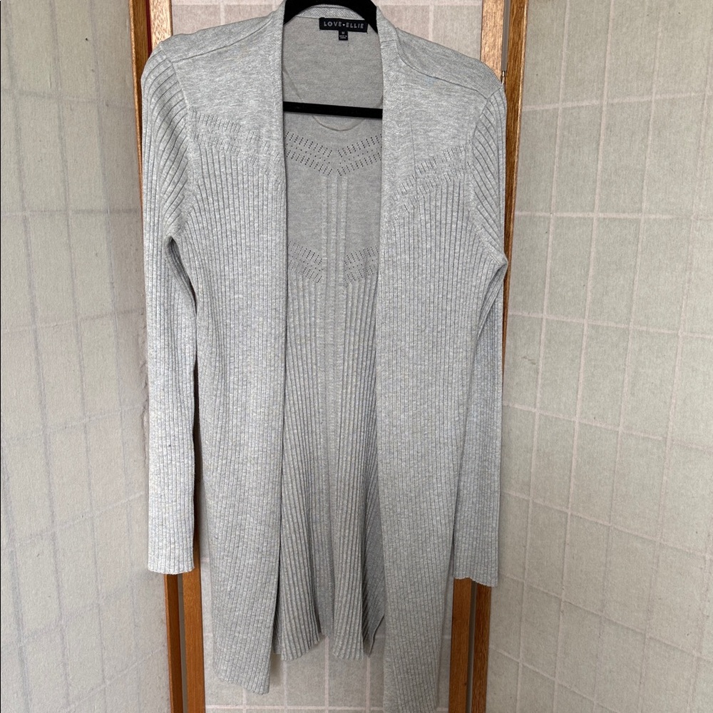 Light Gray Ribbed Open Front Women's Cardigan Sweater Love Ellie Sz M